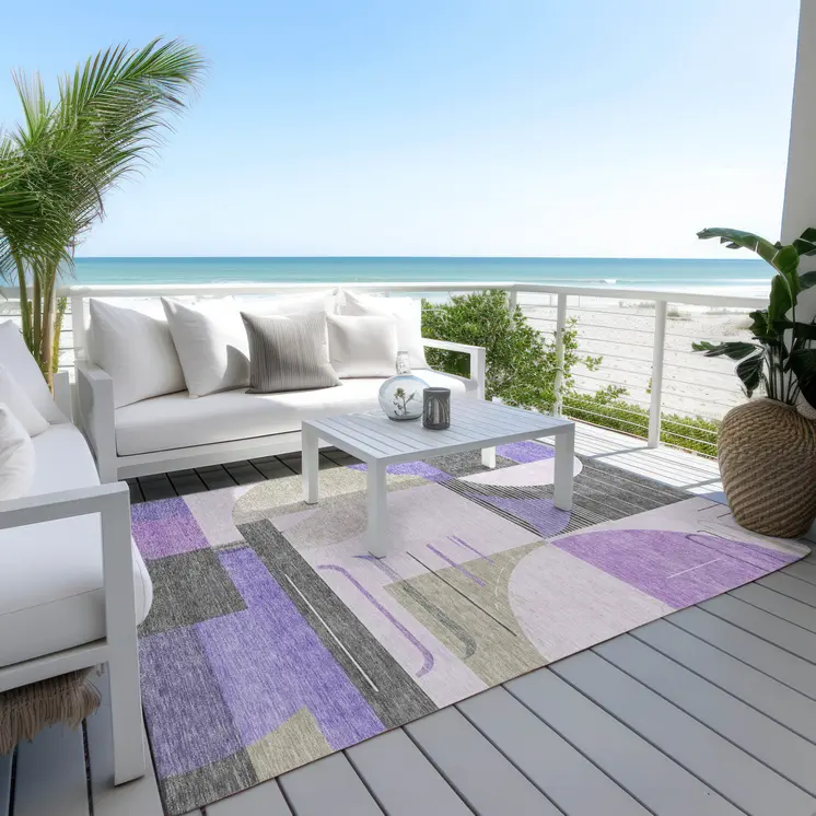 8' X 10' Lavender Gray And Silver Geometric Washable Indoor Outdoor Area Rug