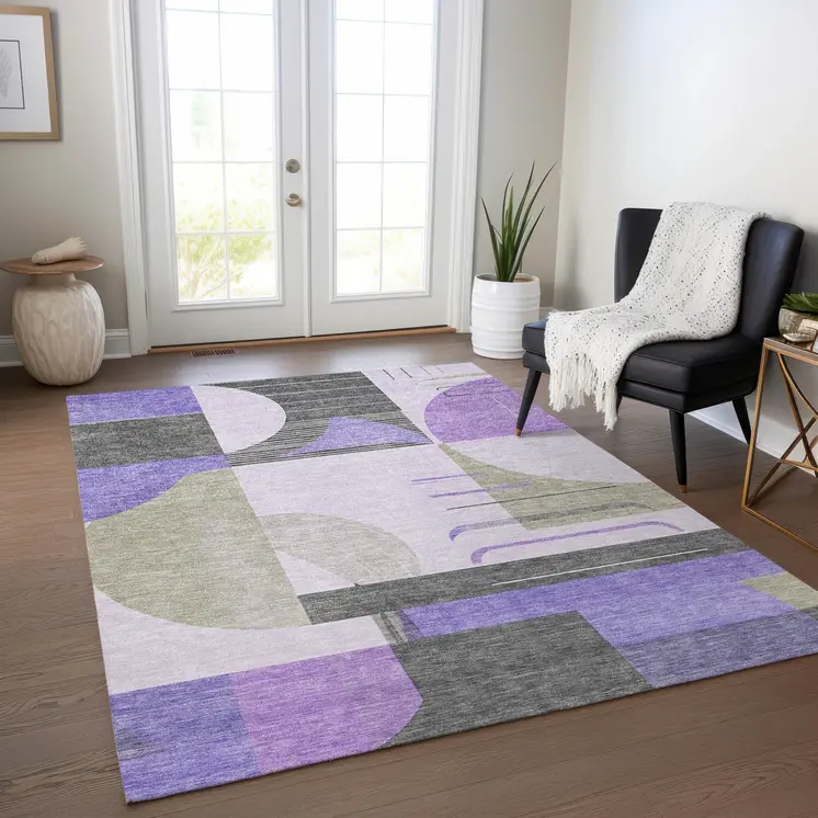 8' X 10' Lavender Gray And Silver Geometric Washable Indoor Outdoor Area Rug