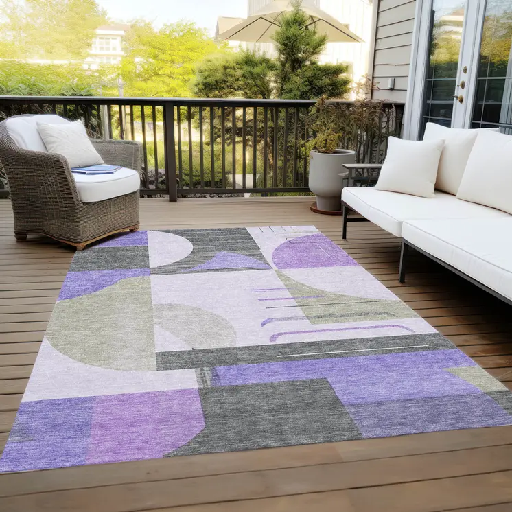 10' X 14' Lavender Gray And Silver Geometric Washable Indoor Outdoor Area Rug