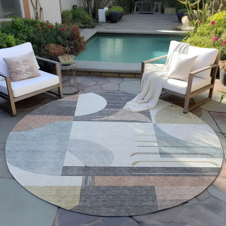 8' Rust Gray And Ivory Round Geometric Washable Indoor Outdoor Area Rug