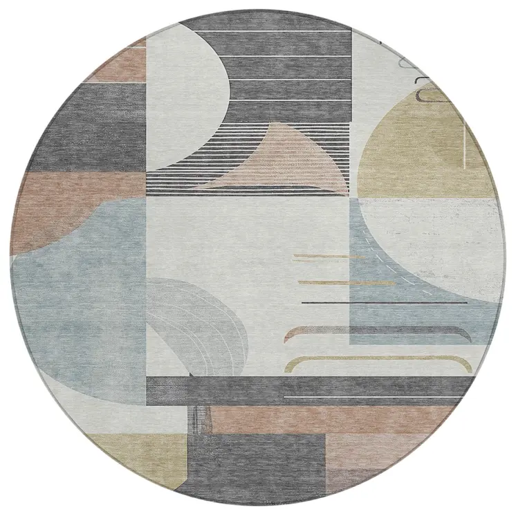 8' Rust Gray And Ivory Round Geometric Washable Indoor Outdoor Area Rug