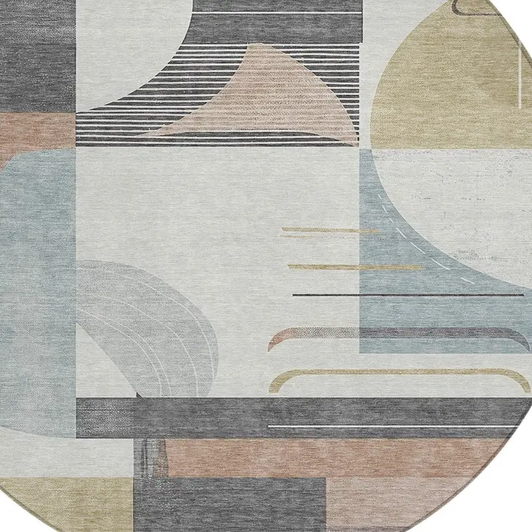 8' Rust Gray And Ivory Round Geometric Washable Indoor Outdoor Area Rug