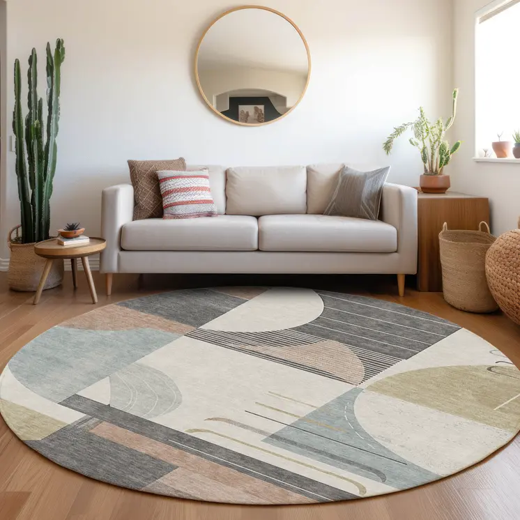 8' Rust Gray And Ivory Round Geometric Washable Indoor Outdoor Area Rug