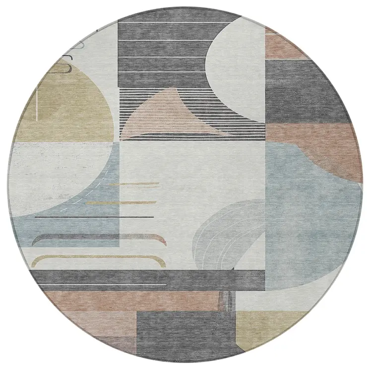 8' Rust Gray And Ivory Round Geometric Washable Indoor Outdoor Area Rug