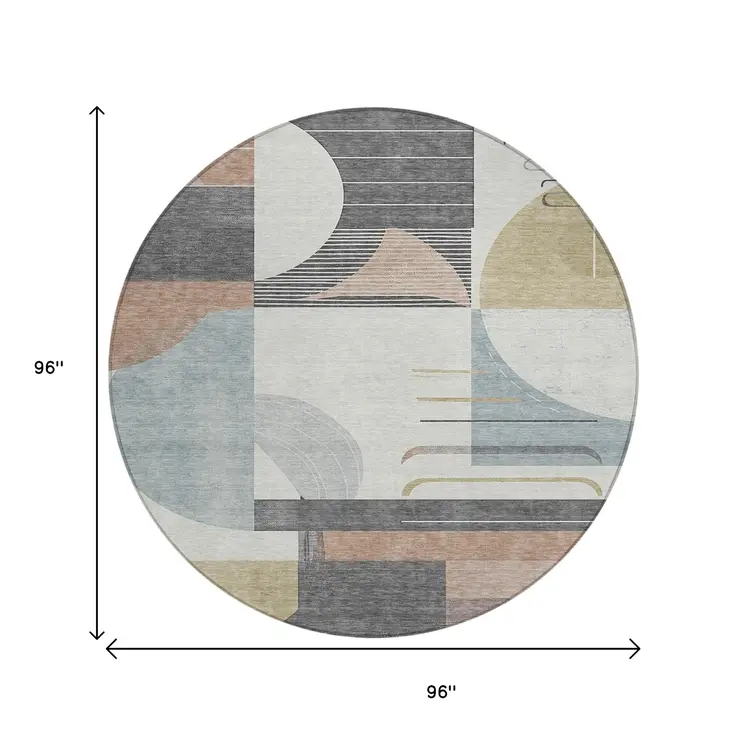 8' Rust Gray And Ivory Round Geometric Washable Indoor Outdoor Area Rug