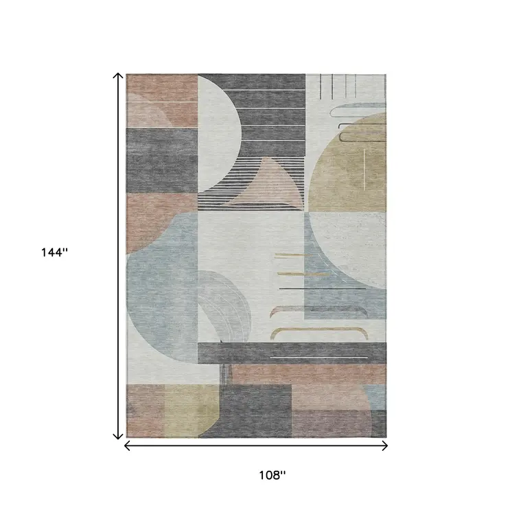 9' X 12' Rust Gray And Ivory Geometric Washable Indoor Outdoor Area Rug