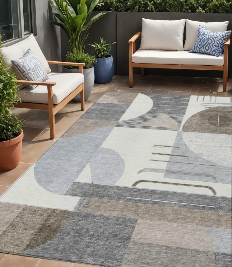 5' X 8' Taupe Gray And Ivory Geometric Washable Indoor Outdoor Area Rug