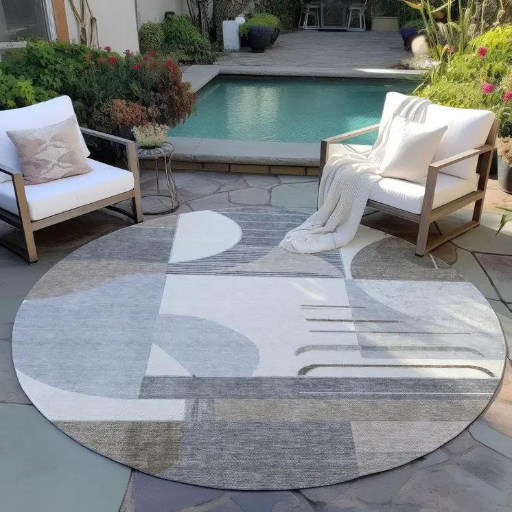8' Taupe Gray And Ivory Round Geometric Washable Indoor Outdoor Area Rug