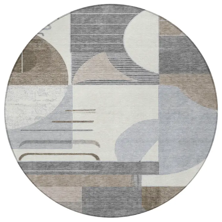 8' Taupe Gray And Ivory Round Geometric Washable Indoor Outdoor Area Rug