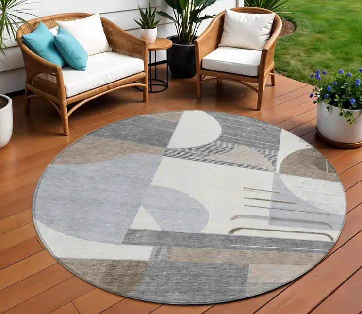 8' Taupe Gray And Ivory Round Geometric Washable Indoor Outdoor Area Rug