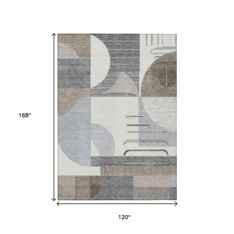 10' X 14' Taupe Gray And Ivory Geometric Washable Indoor Outdoor Area Rug