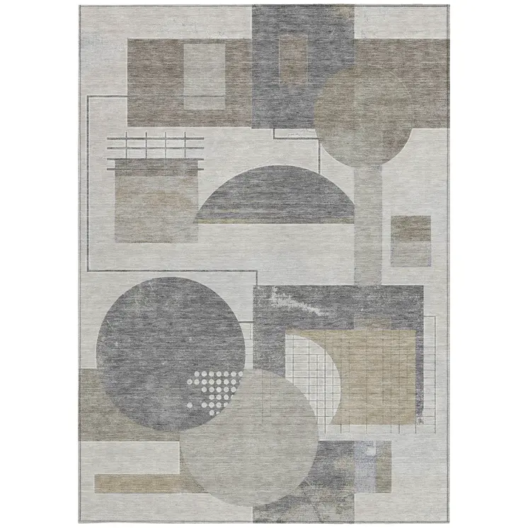 3' X 5' Beige Gray And Silver Geometric Washable Indoor Outdoor Area Rug