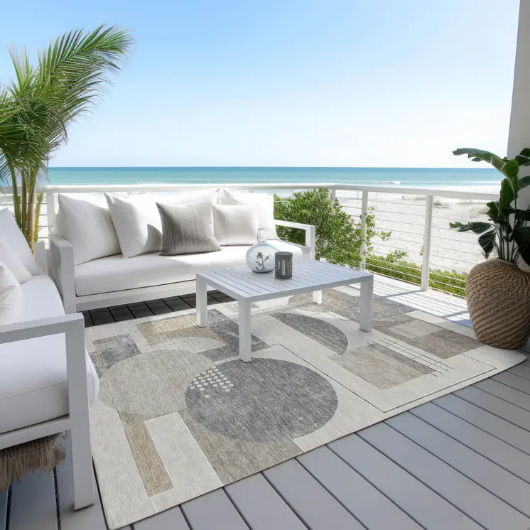 3' X 5' Beige Gray And Silver Geometric Washable Indoor Outdoor Area Rug