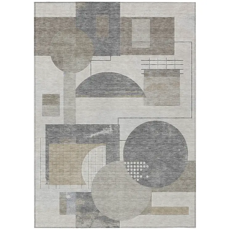 3' X 5' Beige Gray And Silver Geometric Washable Indoor Outdoor Area Rug
