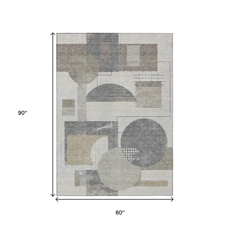 5' X 8' Beige Gray And Silver Geometric Washable Indoor Outdoor Area Rug