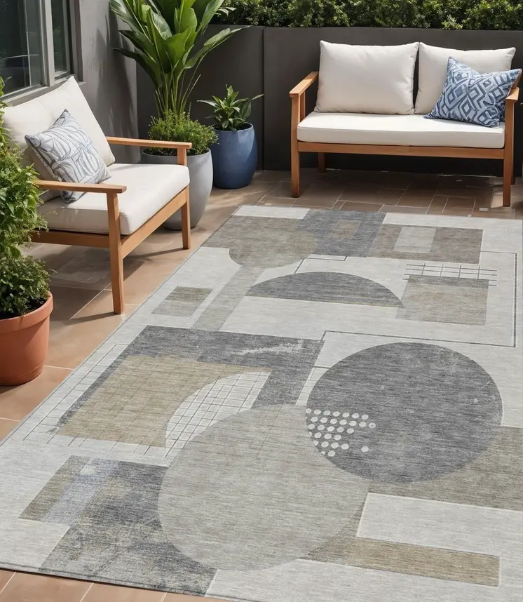 5' X 8' Beige Gray And Silver Geometric Washable Indoor Outdoor Area Rug