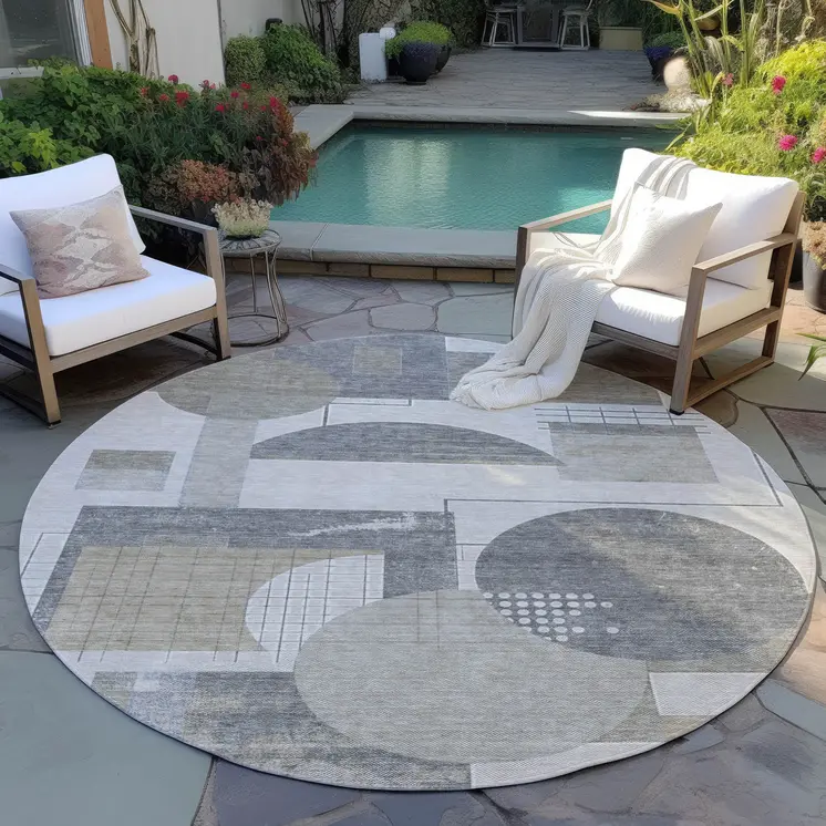 8' Beige Gray And Silver Round Geometric Washable Indoor Outdoor Area Rug