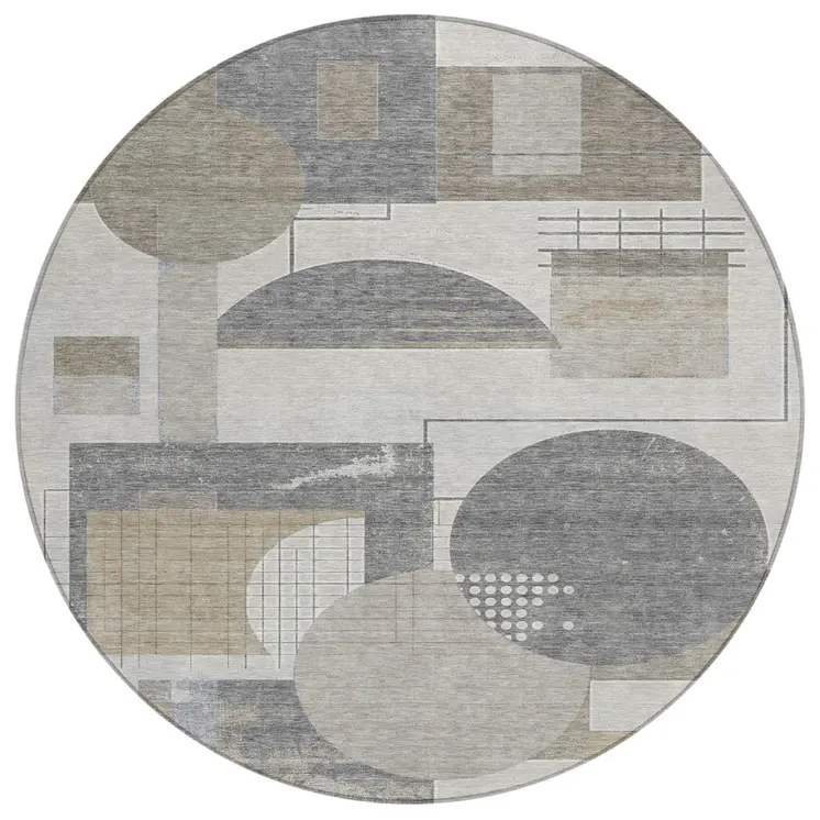 8' Beige Gray And Silver Round Geometric Washable Indoor Outdoor Area Rug