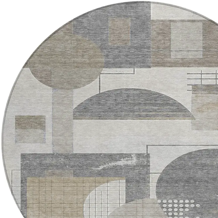 8' Beige Gray And Silver Round Geometric Washable Indoor Outdoor Area Rug