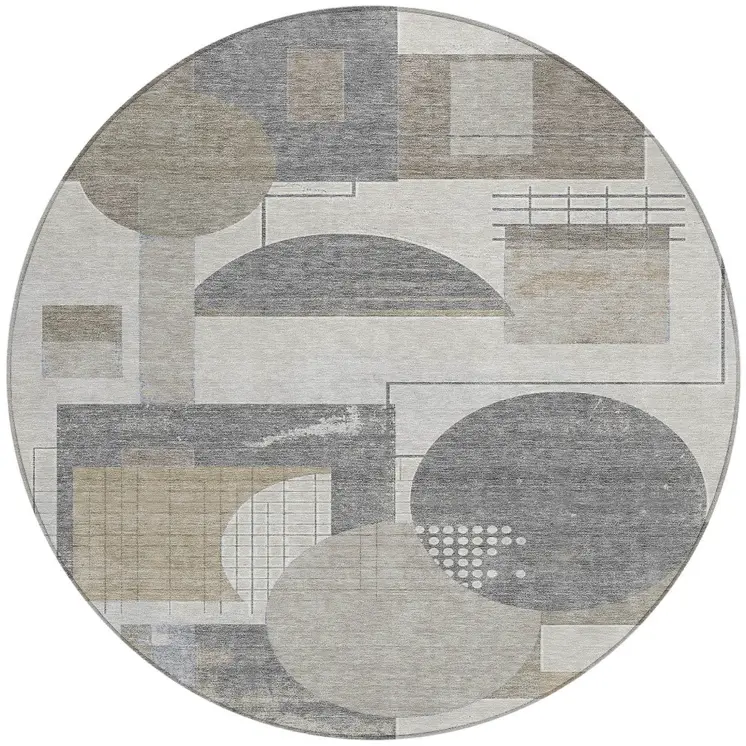 8' Beige Gray And Silver Round Geometric Washable Indoor Outdoor Area Rug