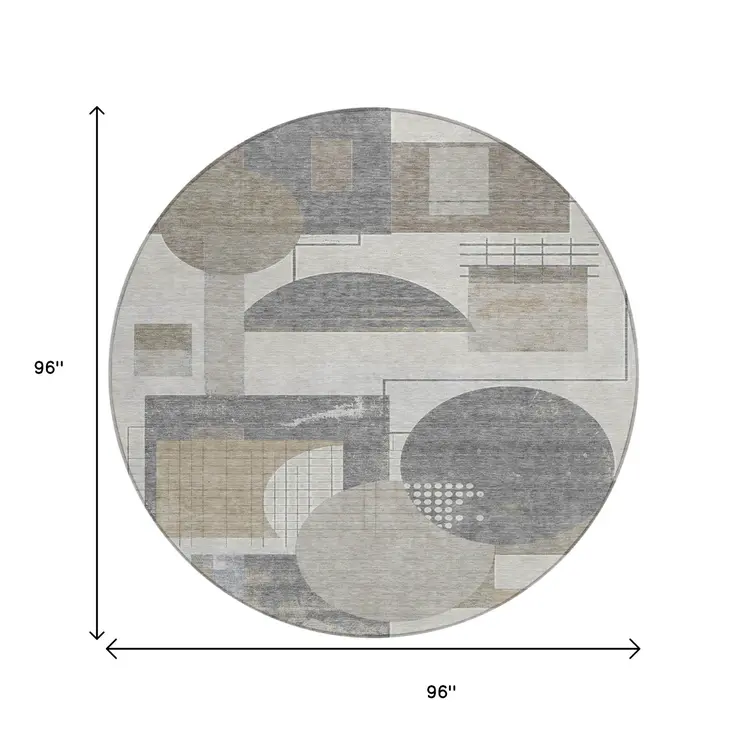 8' Beige Gray And Silver Round Geometric Washable Indoor Outdoor Area Rug