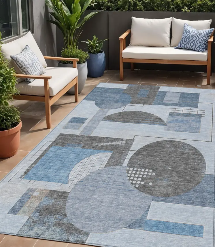 5' X 8' Blue And Gray Geometric Washable Indoor Outdoor Area Rug