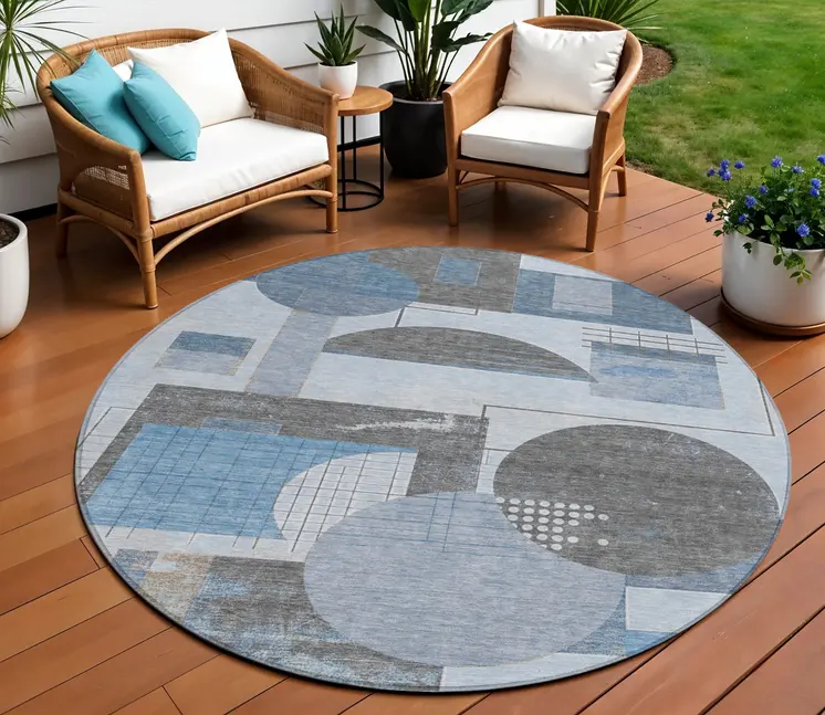 8' Blue And Gray Round Geometric Washable Indoor Outdoor Area Rug