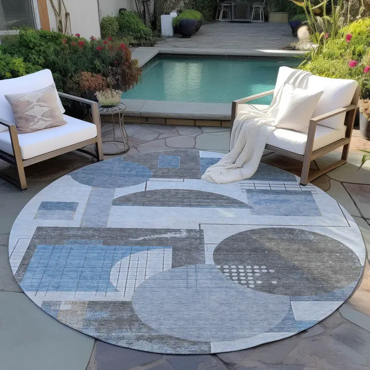 8' Blue And Gray Round Geometric Washable Indoor Outdoor Area Rug