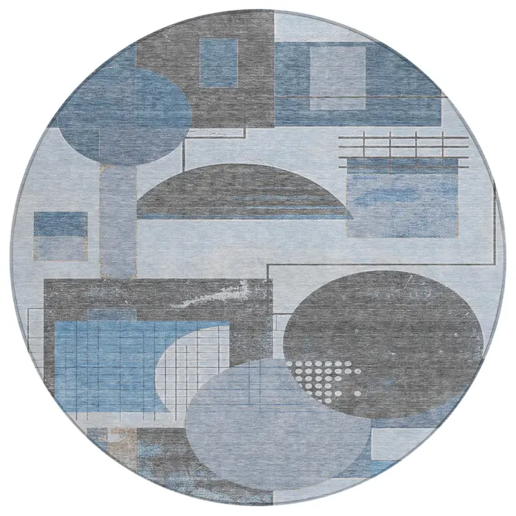 8' Blue And Gray Round Geometric Washable Indoor Outdoor Area Rug