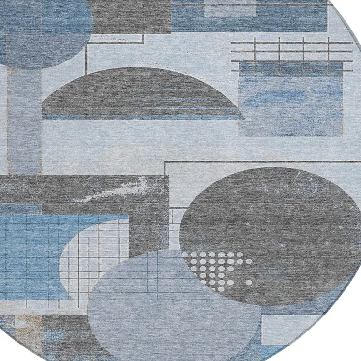 8' Blue And Gray Round Geometric Washable Indoor Outdoor Area Rug