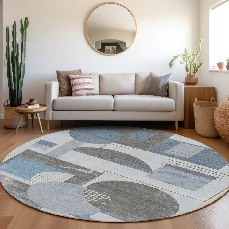 8' Blue And Gray Round Geometric Washable Indoor Outdoor Area Rug