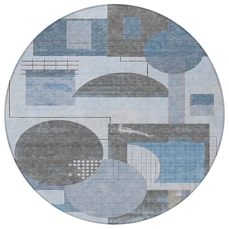 8' Blue And Gray Round Geometric Washable Indoor Outdoor Area Rug