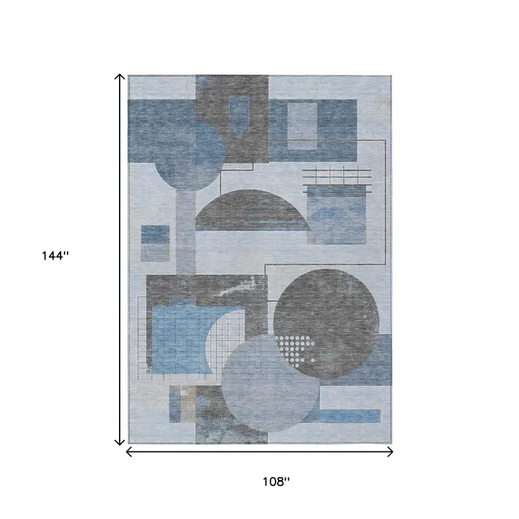 9' X 12' Blue And Gray Geometric Washable Indoor Outdoor Area Rug