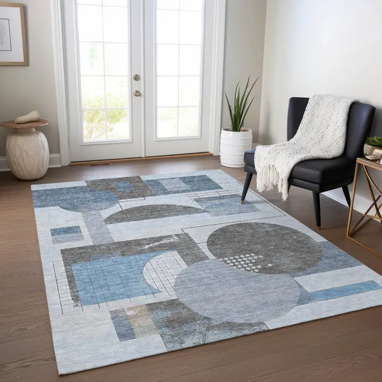 9' X 12' Blue And Gray Geometric Washable Indoor Outdoor Area Rug