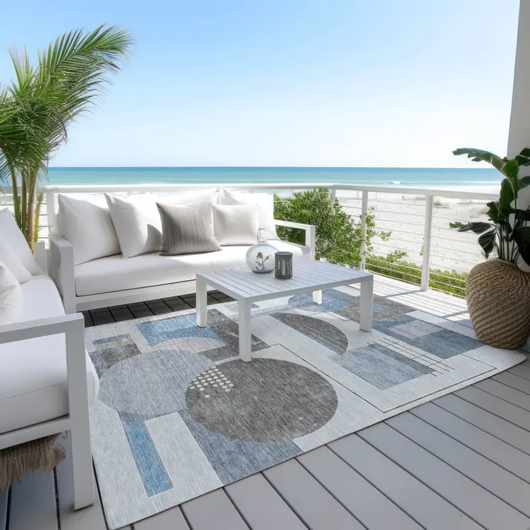 10' X 14' Blue And Gray Geometric Washable Indoor Outdoor Area Rug
