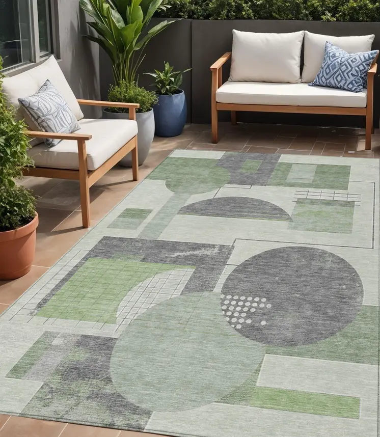 5' X 8' Green Gray And Ivory Geometric Washable Indoor Outdoor Area Rug