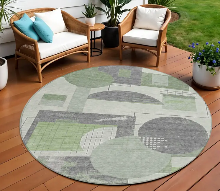 8' Green Gray And Ivory Round Geometric Washable Indoor Outdoor Area Rug
