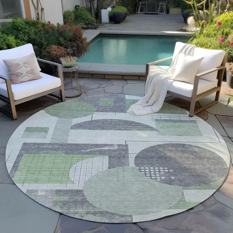 8' Green Gray And Ivory Round Geometric Washable Indoor Outdoor Area Rug