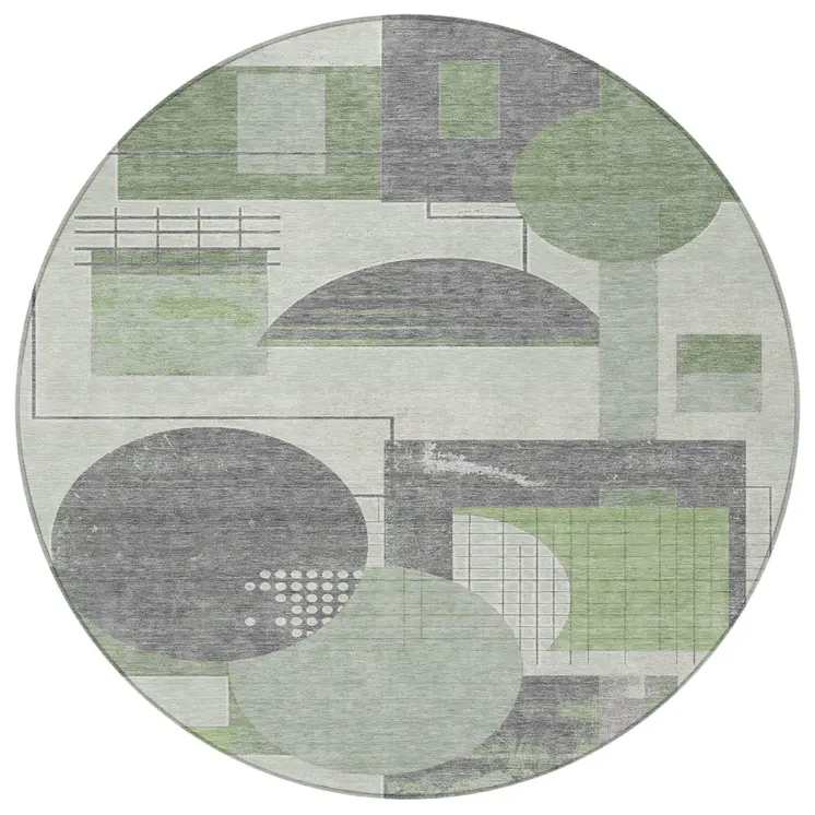 8' Green Gray And Ivory Round Geometric Washable Indoor Outdoor Area Rug