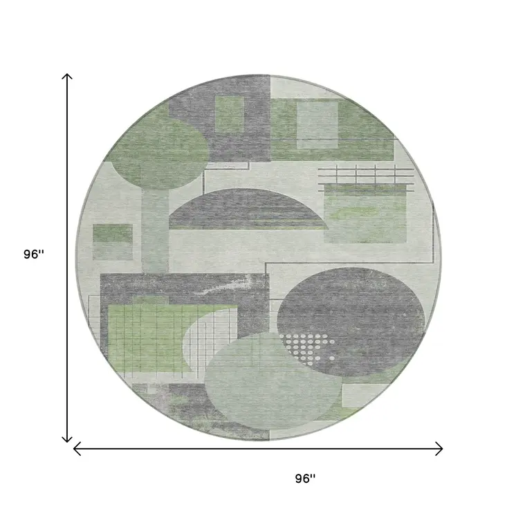 8' Green Gray And Ivory Round Geometric Washable Indoor Outdoor Area Rug