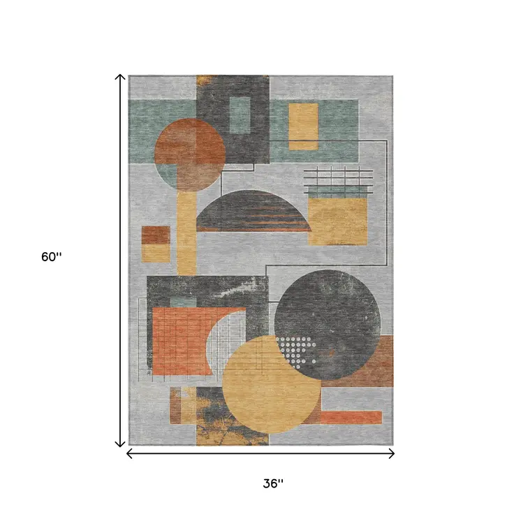 3' X 5' Gray Gold And Orange Geometric Washable Indoor Outdoor Area Rug