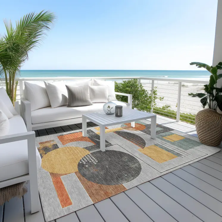 3' X 5' Gray Gold And Orange Geometric Washable Indoor Outdoor Area Rug