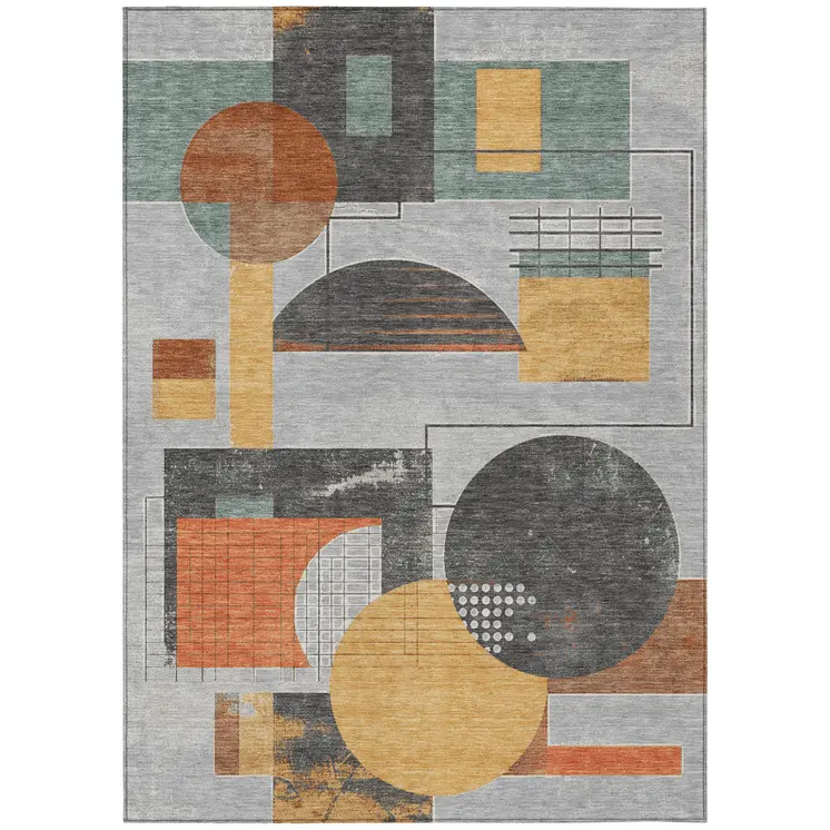 5' X 8' Gray Gold And Orange Geometric Washable Indoor Outdoor Area Rug