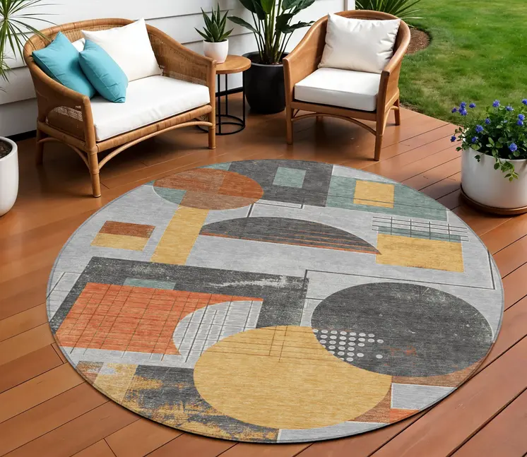 8' Gray Gold And Orange Round Geometric Washable Indoor Outdoor Area Rug