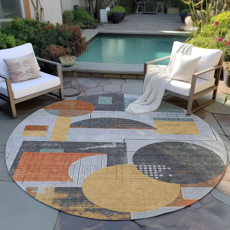 8' Gray Gold And Orange Round Geometric Washable Indoor Outdoor Area Rug