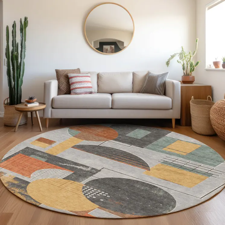 8' Gray Gold And Orange Round Geometric Washable Indoor Outdoor Area Rug