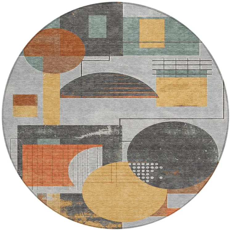 8' Gray Gold And Orange Round Geometric Washable Indoor Outdoor Area Rug