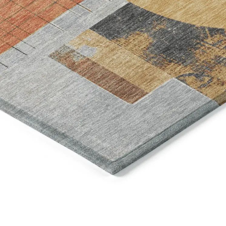 9' X 12' Gray Gold And Orange Geometric Washable Indoor Outdoor Area Rug