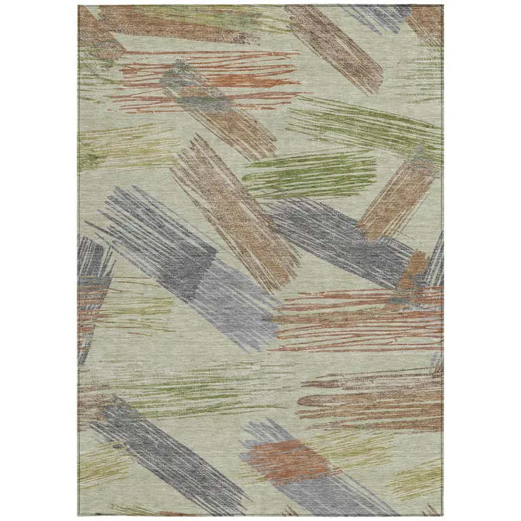 3' X 5' Artichoke Green Copper And Gray Striped Washable Indoor Outdoor Area Rug