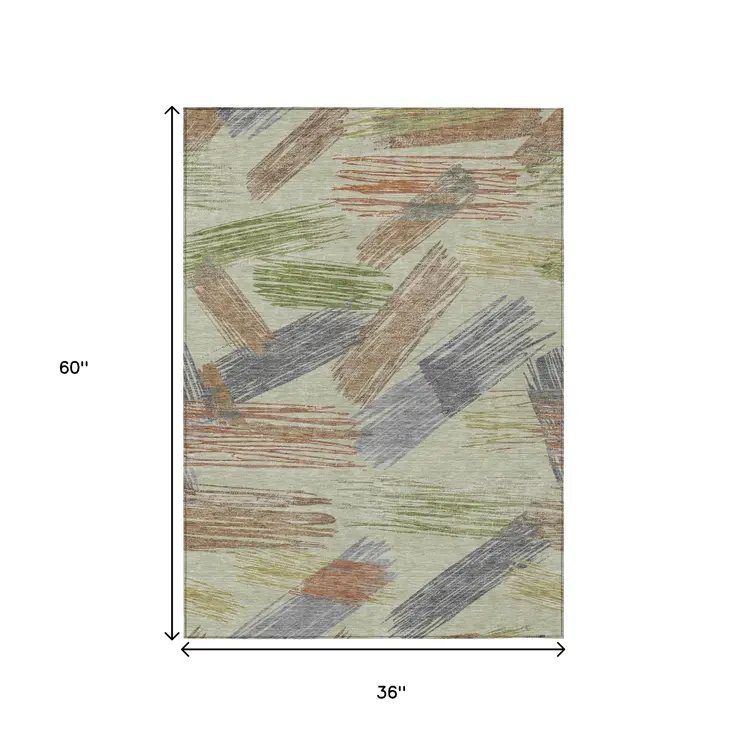 3' X 5' Artichoke Green Copper And Gray Striped Washable Indoor Outdoor Area Rug